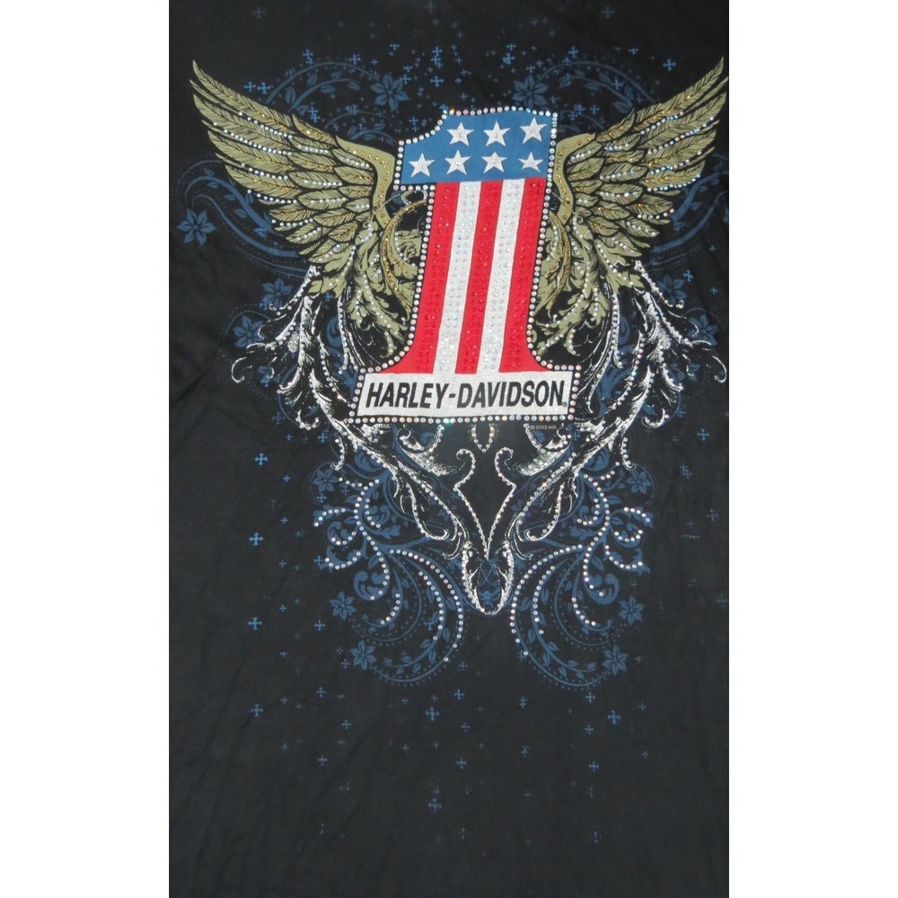 NWT Harley-Davidson Women's M Shirt Black Long Sleeve Winged Stripes Rhinestone
